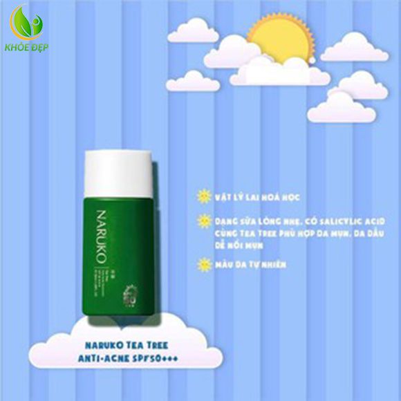 Kem Chống Nắng Tràm Trà Naruko Tea Tree Anti-Acne SPF50 sử dụng màng lọc UV vật lý lai hóa học tăng hiệu quả chống nắng